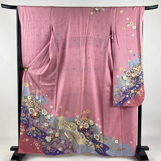 振袖禮服 身長163cm 袖長67.5cm L 雙層 落款 鈴 牡丹 金絲 金銀彩 粉紅 純蠶絲 名品級