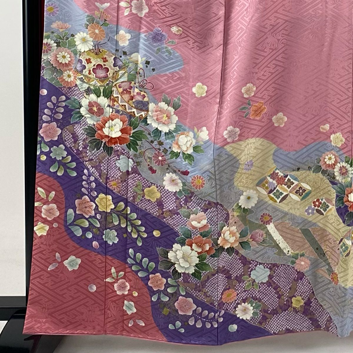 振袖禮服 身長163cm 袖長67.5cm L 雙層 落款 鈴 牡丹 金絲 金銀彩 粉紅 純蠶絲 名品級