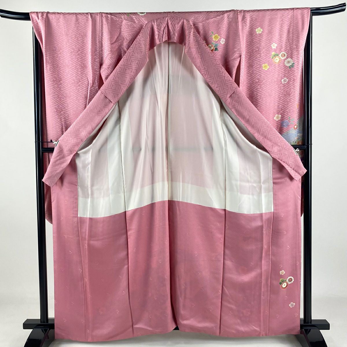 振袖禮服 身長163cm 袖長67.5cm L 雙層 落款 鈴 牡丹 金絲 金銀彩 粉紅 純蠶絲 名品級