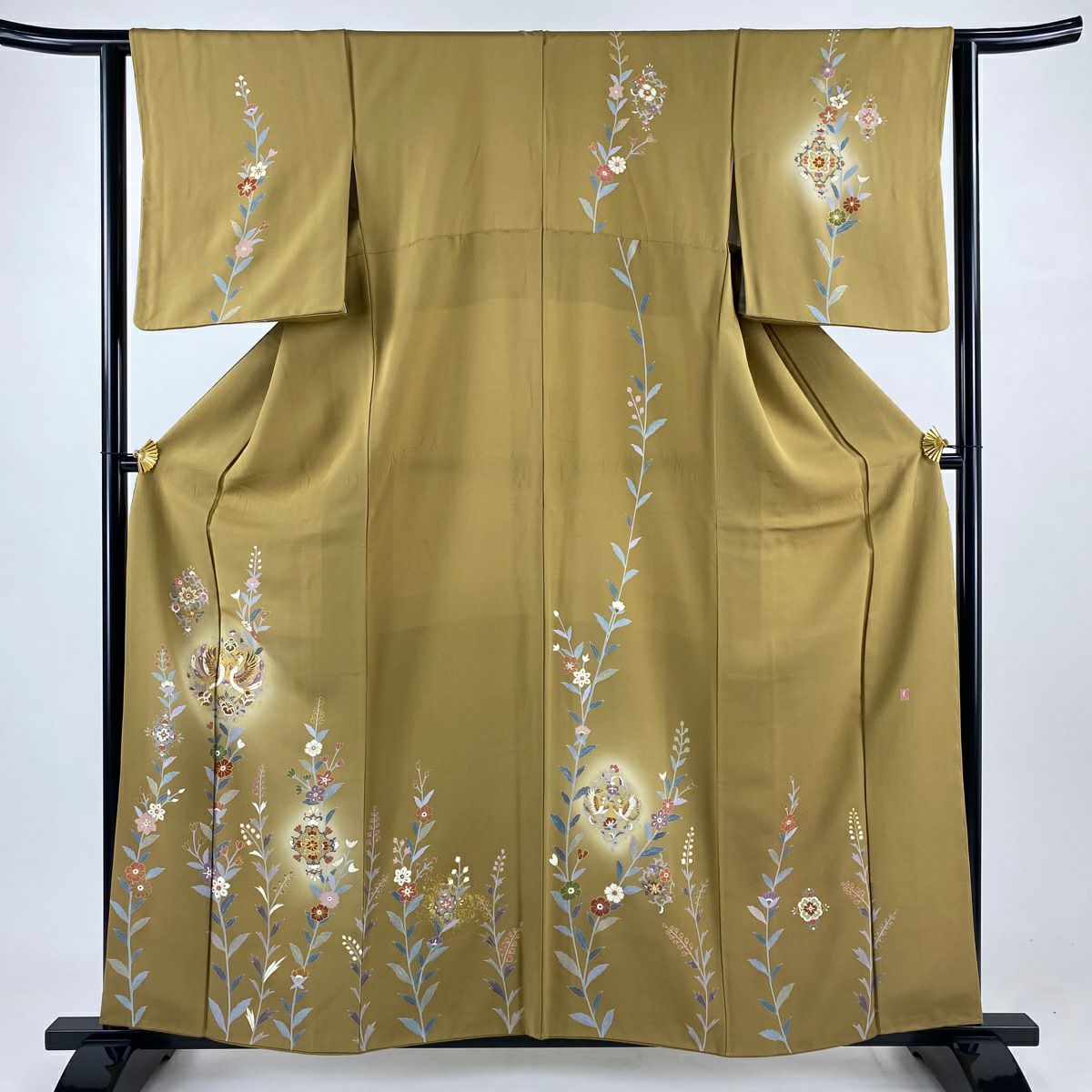 訪問服 身長159cm 袖長63cm S 雙層 落款あり 向鳥 草花紋 金絲 金銀彩 山吹茶 純蠶絲 名品級