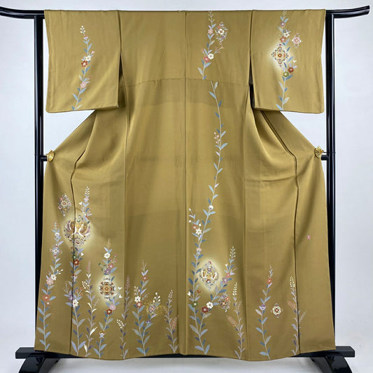 訪問服 身長159cm 袖長63cm S 雙層 落款あり 向鳥 草花紋 金絲 金銀彩 山吹茶 純蠶絲 名品級