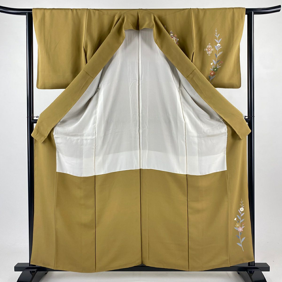 訪問服 身長159cm 袖長63cm S 雙層 落款あり 向鳥 草花紋 金絲 金銀彩 山吹茶 純蠶絲 名品級