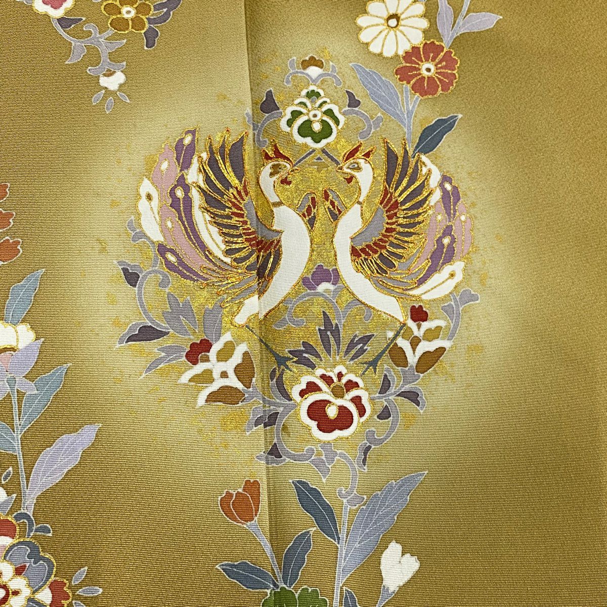 訪問服 身長159cm 袖長63cm S 雙層 落款あり 向鳥 草花紋 金絲 金銀彩 山吹茶 純蠶絲 名品級