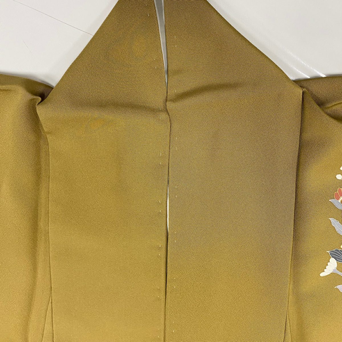 訪問服 身長159cm 袖長63cm S 雙層 落款あり 向鳥 草花紋 金絲 金銀彩 山吹茶 純蠶絲 名品級