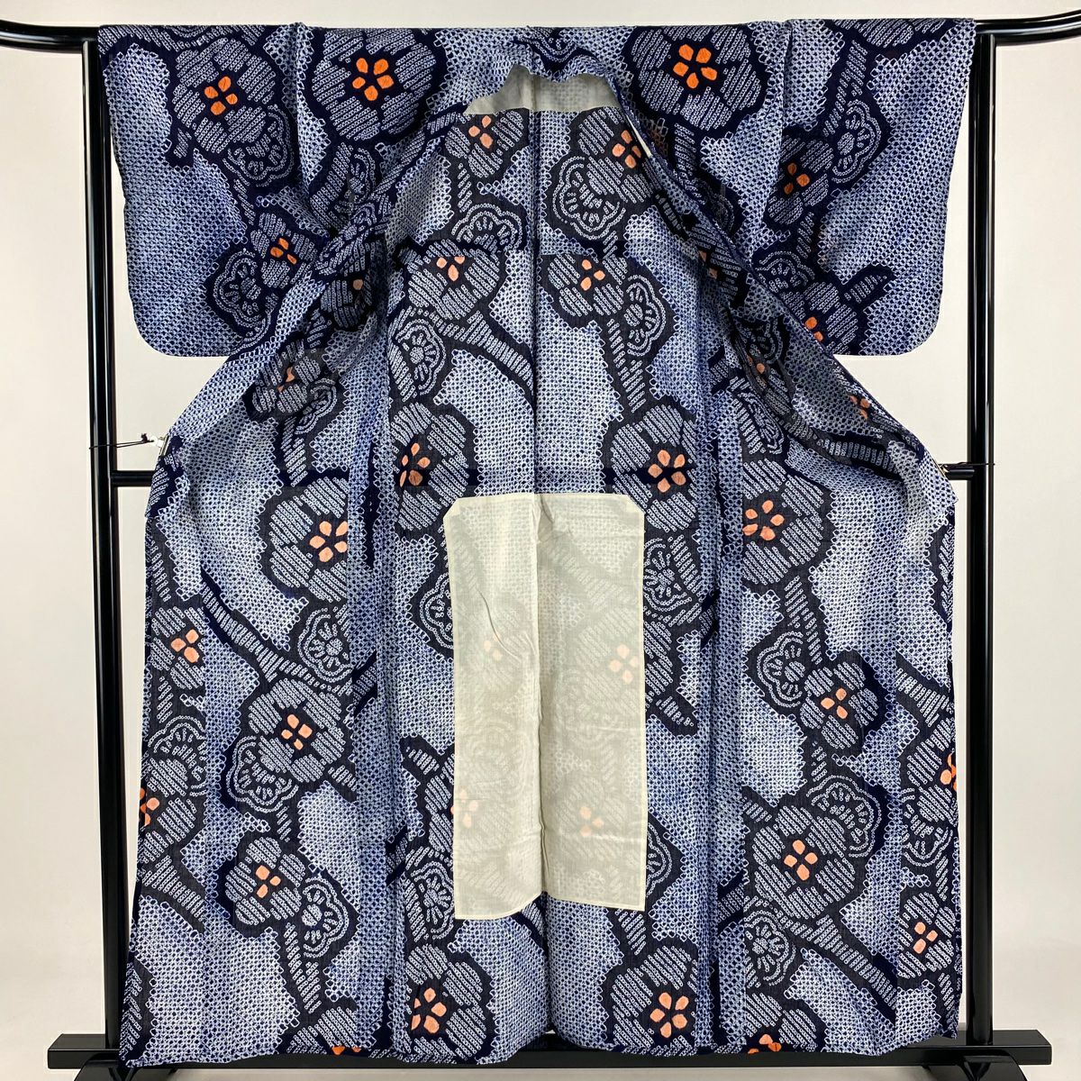 浴衣 身長159.5cm 袖長66.5cm M 絞染浴衣 枝梅花 深藍 純棉 名品級