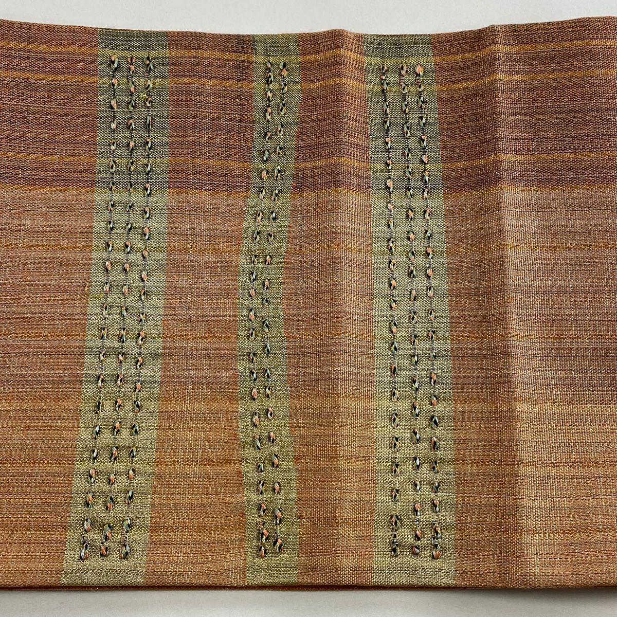 【美品】 袋帶 秀品級 條紋 幾何圖案 金絲 鮭粉色 大鼓圖案 純蠶絲