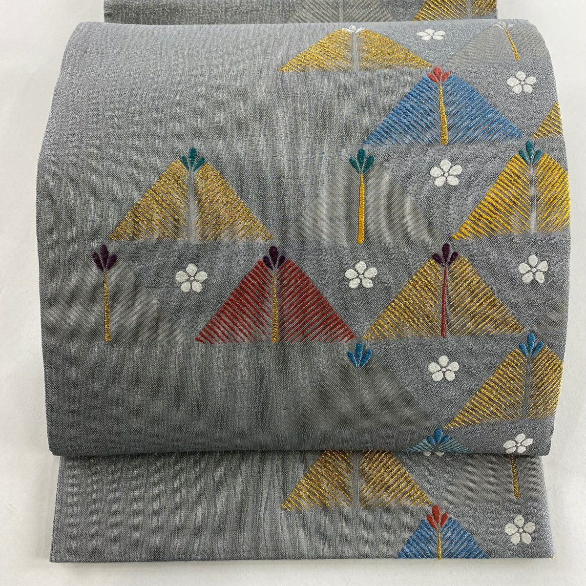 【美品】 袋帶 秀品級 松樹花 金銀絲 灰色 六通 純蠶絲