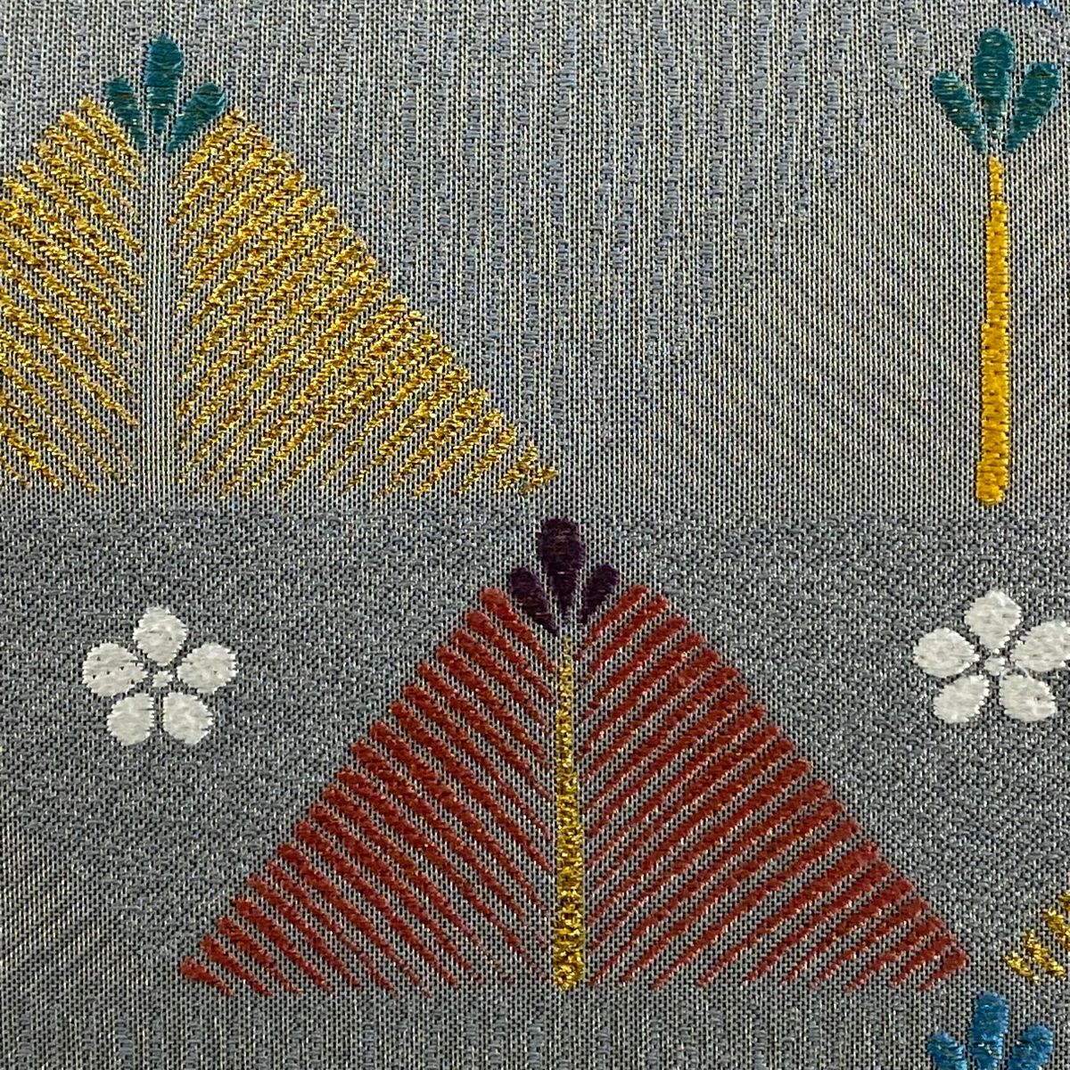 【美品】 袋帶 秀品級 松樹花 金銀絲 灰色 六通 純蠶絲