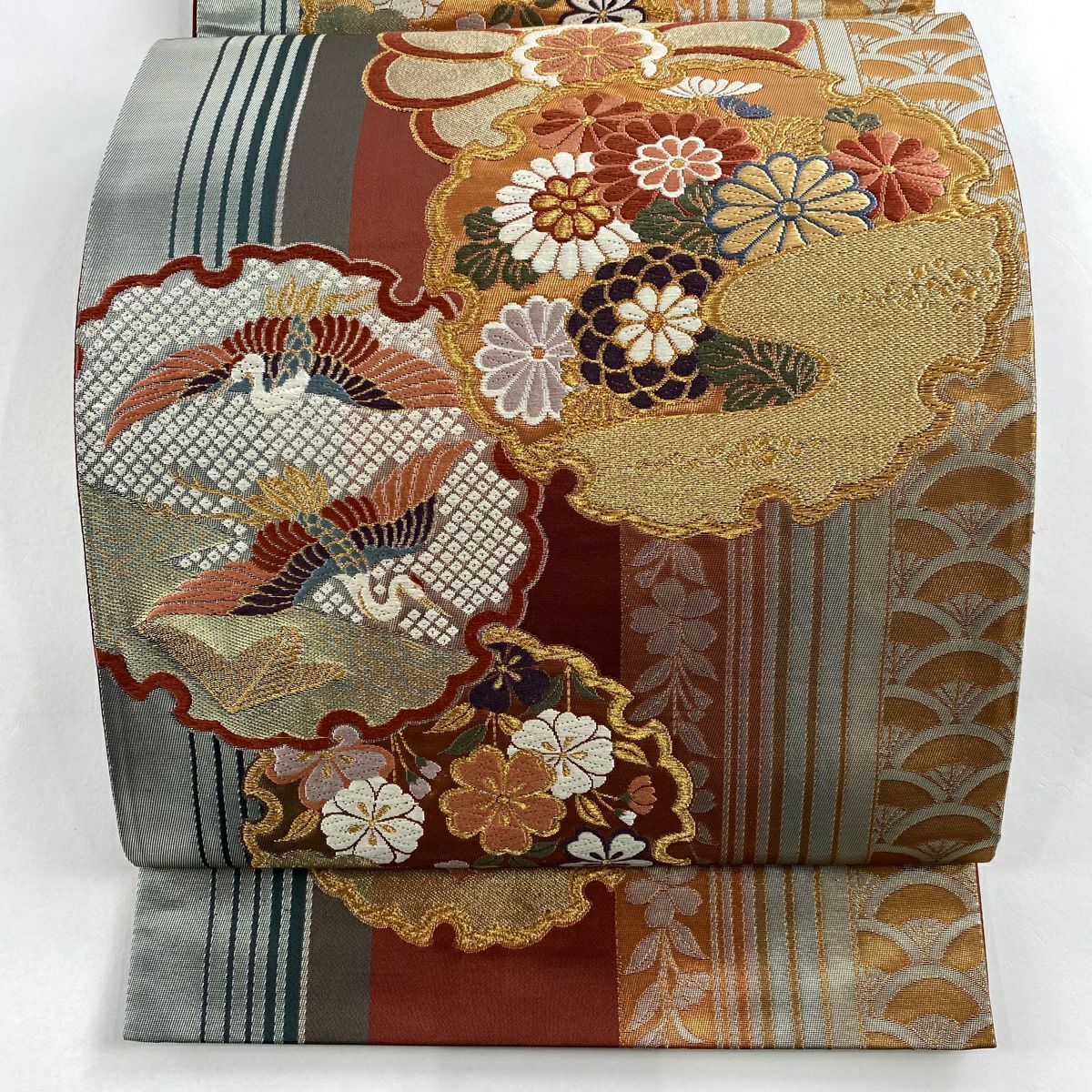 【美品】 袋帶 秀品級 雪輪 仙鶴 金糸 金金箔 紅茶 六通 純蠶絲