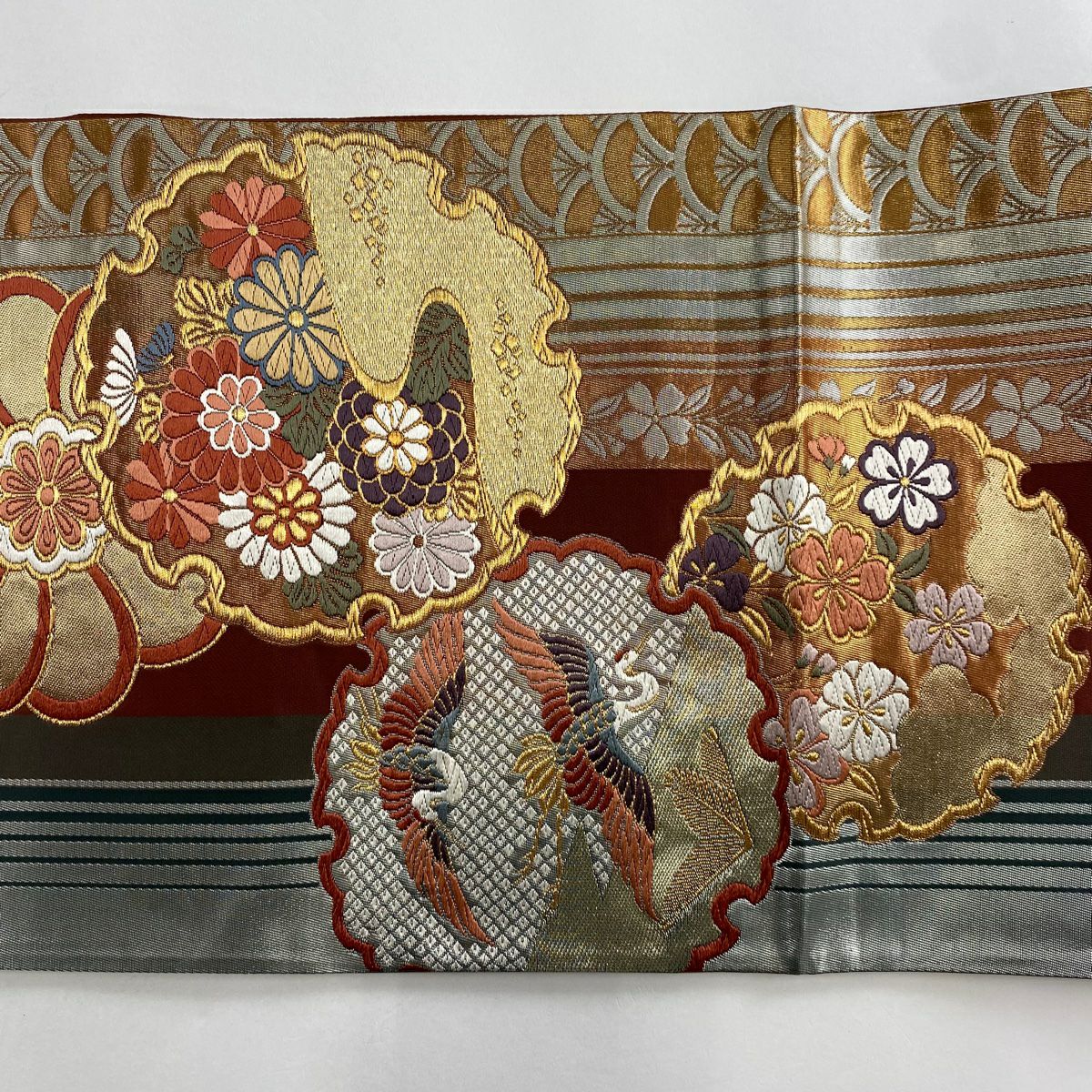 【美品】 袋帶 秀品級 雪輪 仙鶴 金糸 金金箔 紅茶 六通 純蠶絲