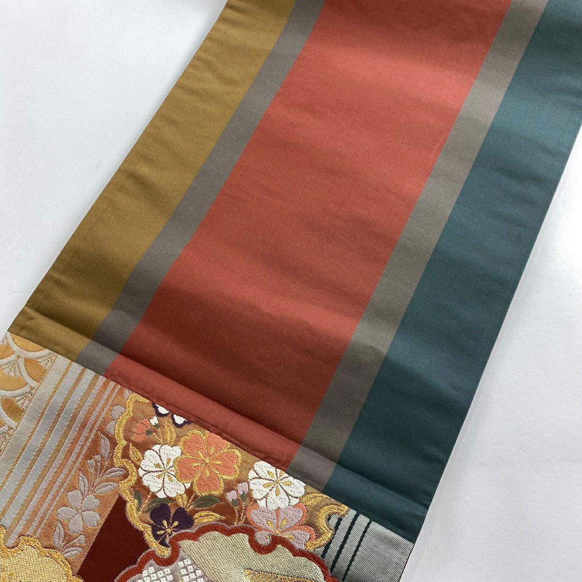 【美品】 袋帶 秀品級 雪輪 仙鶴 金糸 金金箔 紅茶 六通 純蠶絲