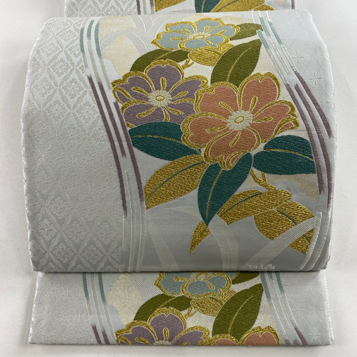 【美品】 袋帶 秀品級 草花紋紋 花菱 金糸 金金箔 青灰 深藍色 六通 純蠶絲