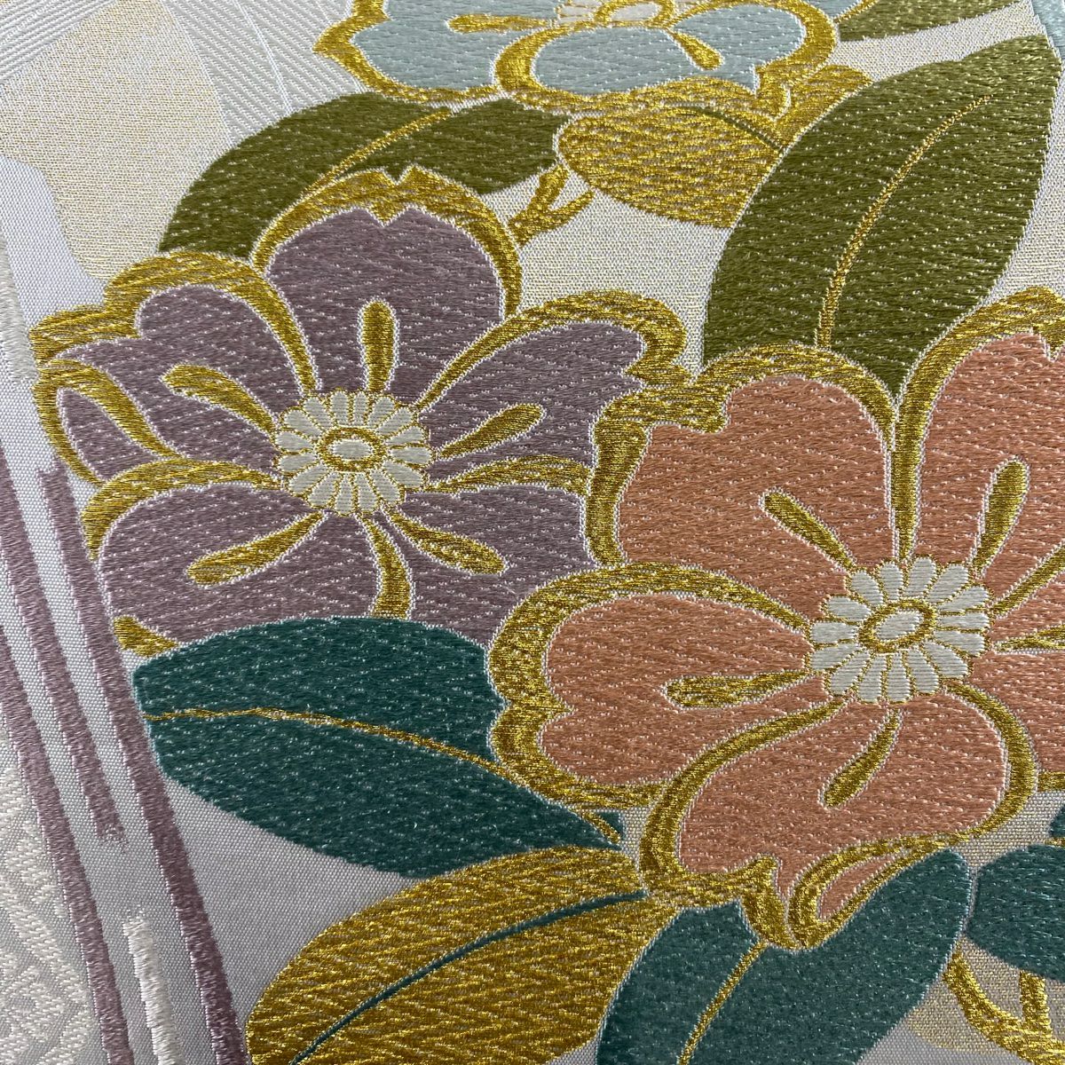 【美品】 袋帶 秀品級 草花紋紋 花菱 金糸 金金箔 青灰 深藍色 六通 純蠶絲