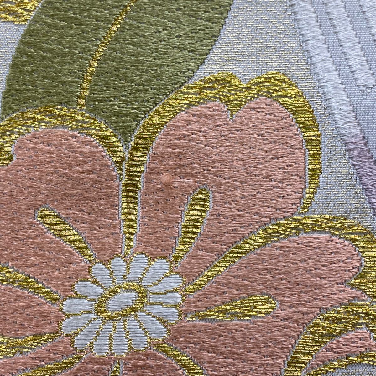 【美品】 袋帶 秀品級 草花紋紋 花菱 金糸 金金箔 青灰 深藍色 六通 純蠶絲