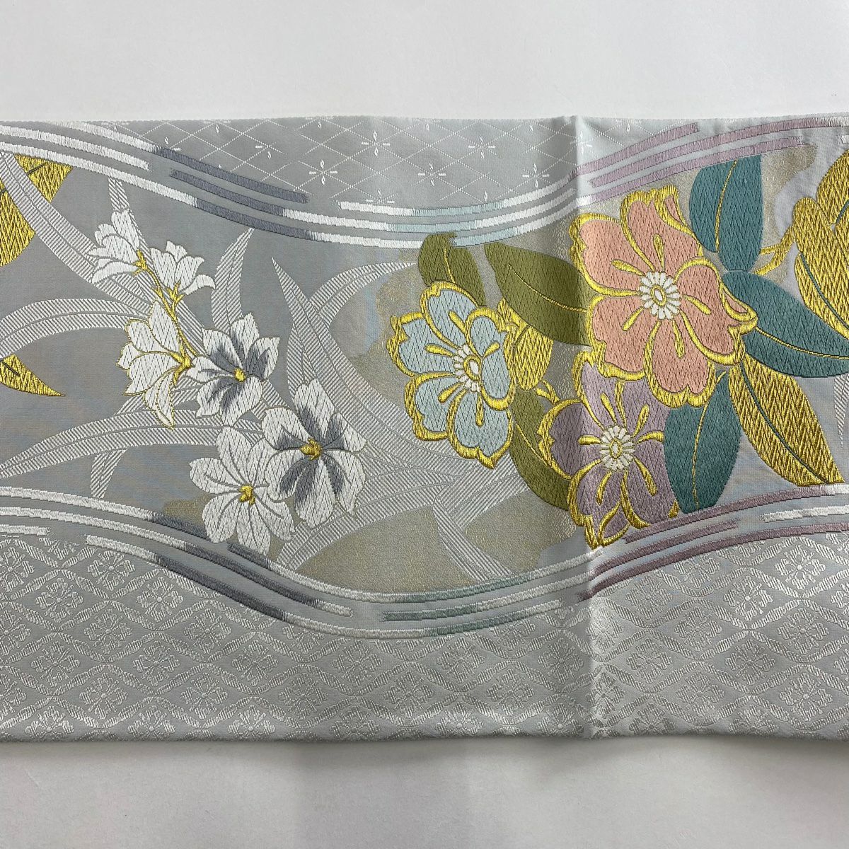 【美品】 袋帶 秀品級 草花紋紋 花菱 金糸 金金箔 青灰 深藍色 六通 純蠶絲