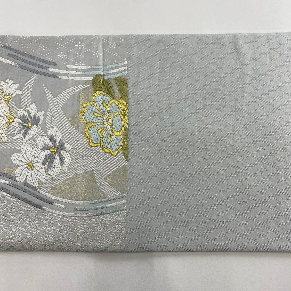 【美品】 袋帶 秀品級 草花紋紋 花菱 金糸 金金箔 青灰 深藍色 六通 純蠶絲