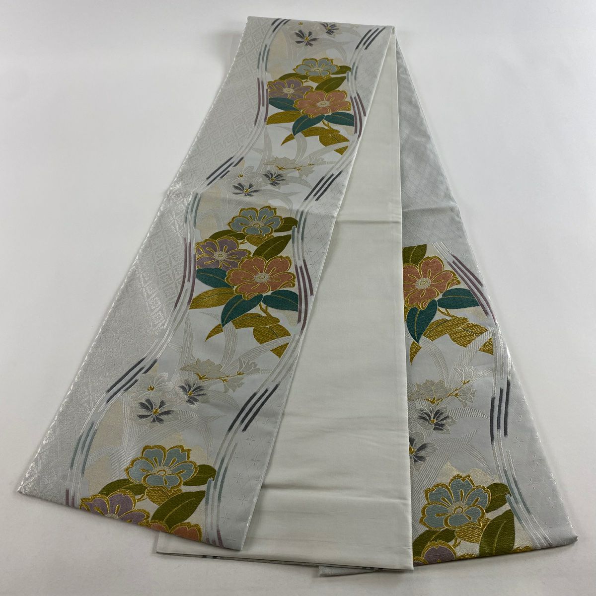 【美品】 袋帶 秀品級 草花紋紋 花菱 金糸 金金箔 青灰 深藍色 六通 純蠶絲