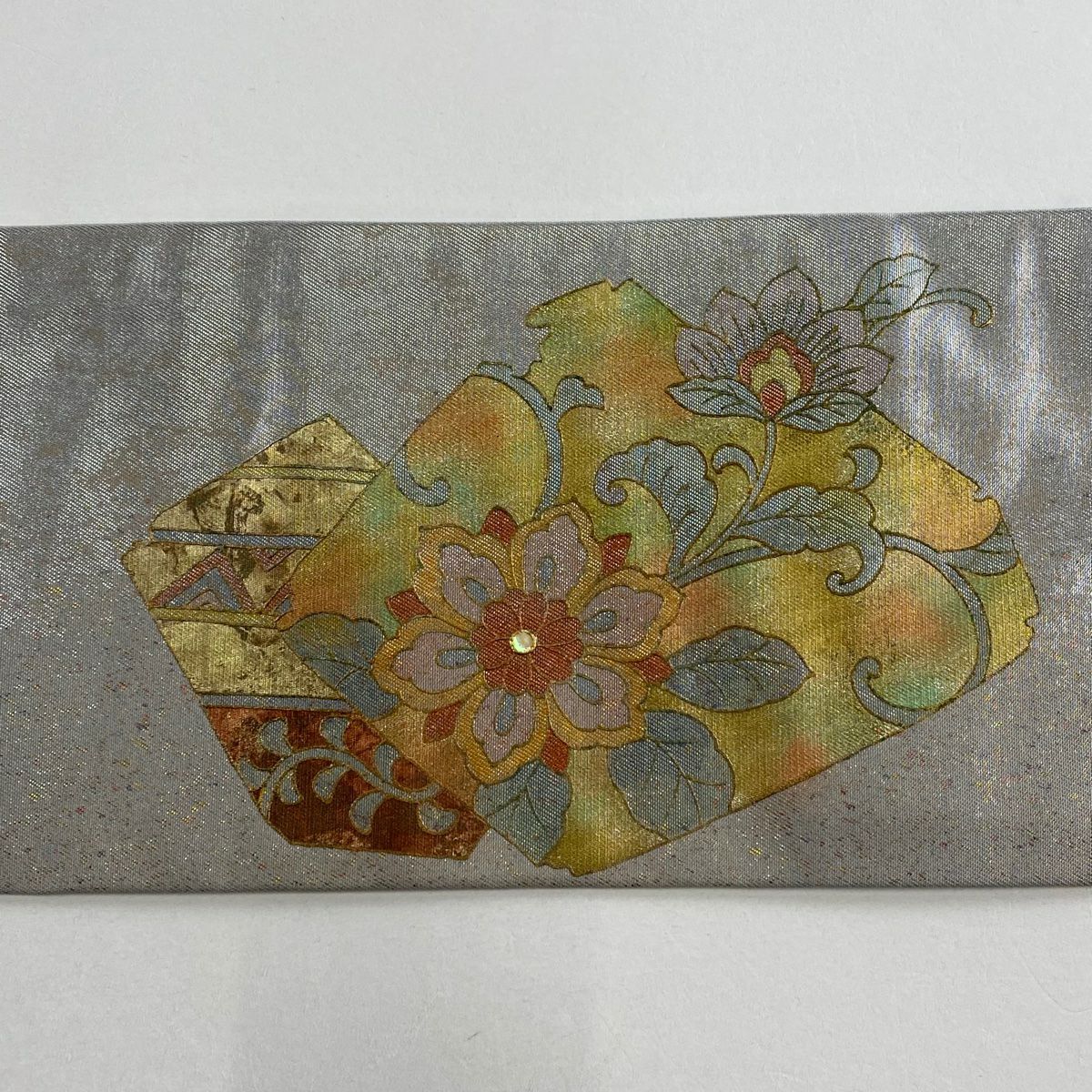 名古屋帶 秀品級 花唐草紋 螺鈿 金銀彩 灰 純蠶絲
