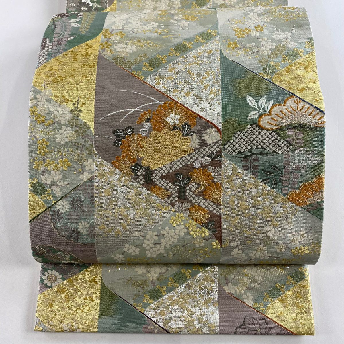 【美品】 袋帶 秀品級 松樹竹子梅花 葡萄 金金箔 金絲 淺綠 六通 純蠶絲