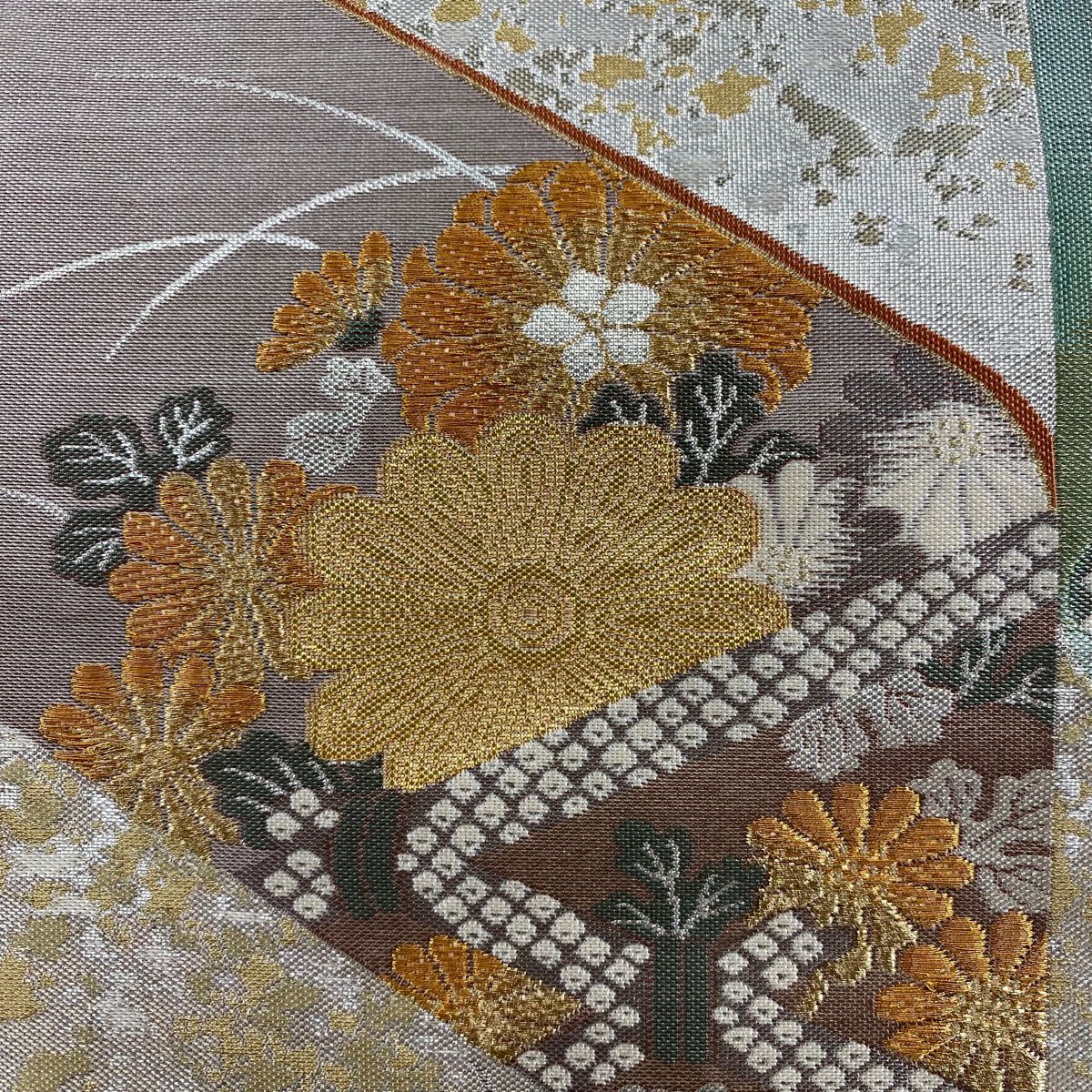 【美品】 袋帶 秀品級 松樹竹子梅花 葡萄 金金箔 金絲 淺綠 六通 純蠶絲