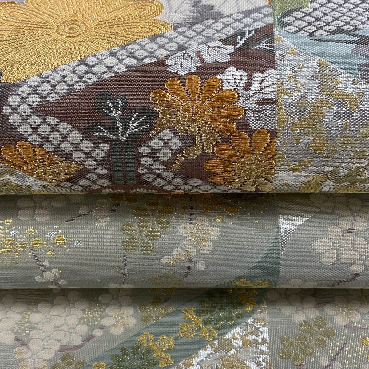 【美品】 袋帶 秀品級 松樹竹子梅花 葡萄 金金箔 金絲 淺綠 六通 純蠶絲