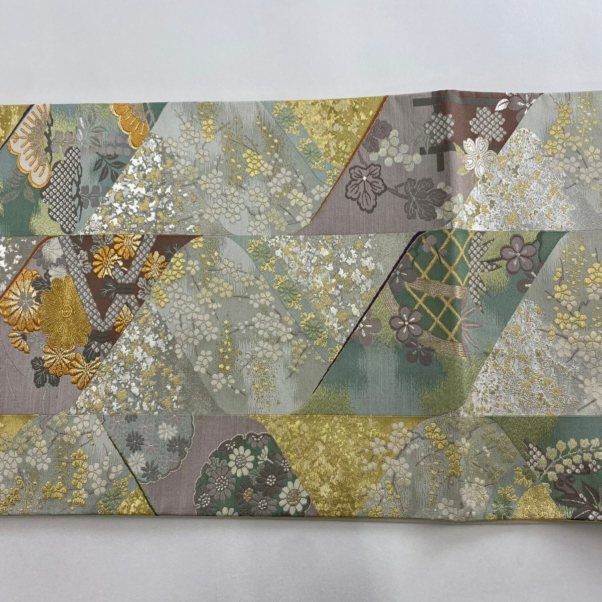 【美品】 袋帶 秀品級 松樹竹子梅花 葡萄 金金箔 金絲 淺綠 六通 純蠶絲