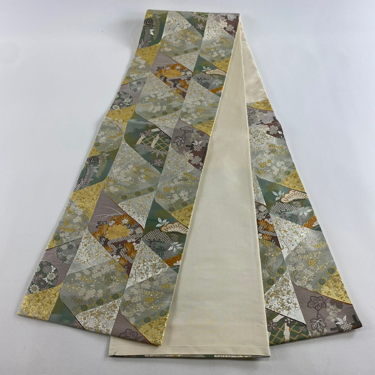 【美品】 袋帶 秀品級 松樹竹子梅花 葡萄 金金箔 金絲 淺綠 六通 純蠶絲