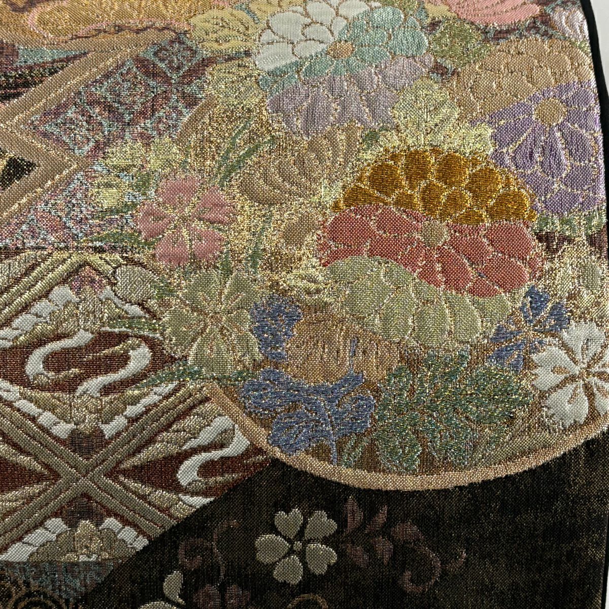 【美品】 袋帶 秀品級 團扇子 松樹竹子梅花 金金箔 焦茶 六通 純蠶絲