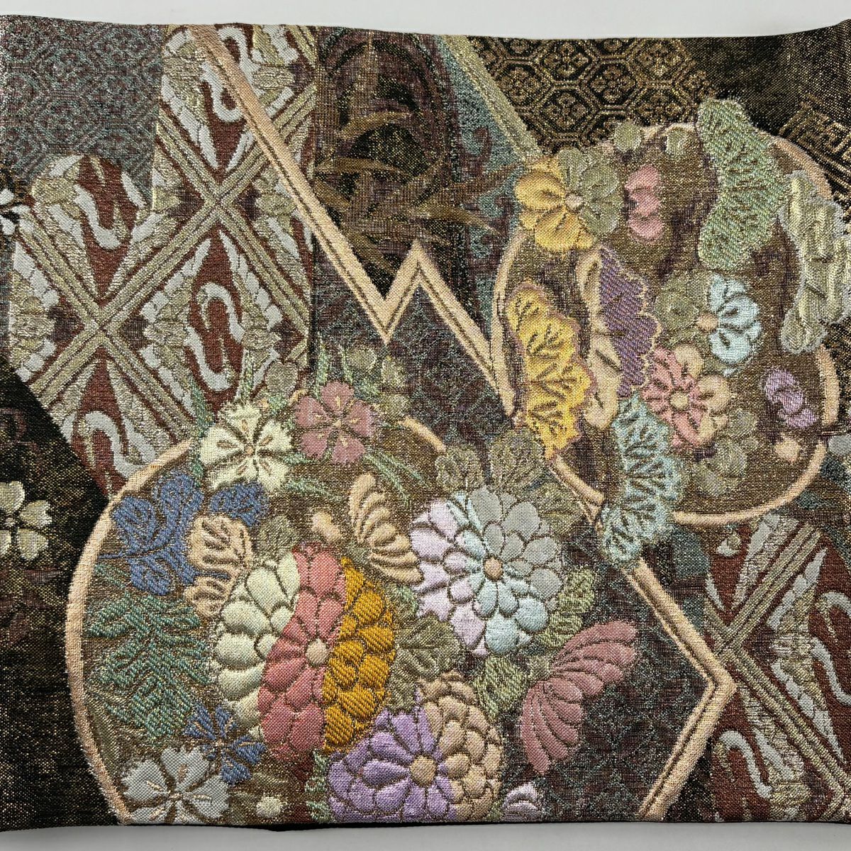 【美品】 袋帶 秀品級 團扇子 松樹竹子梅花 金金箔 焦茶 六通 純蠶絲