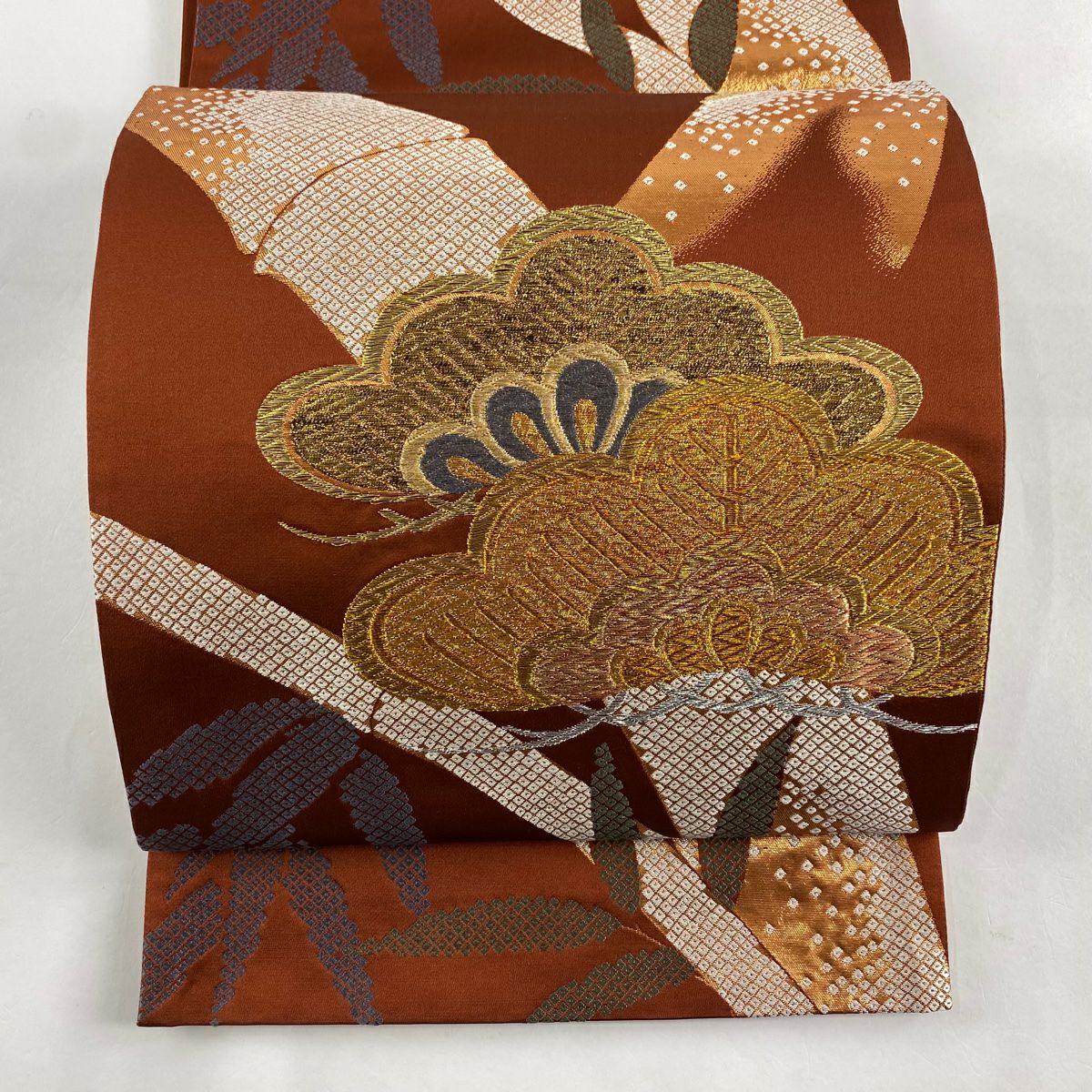 【美品】 袋帶 秀品級 笠松樹 竹子 金銀彩 金金箔 紅茶 六通 純蠶絲