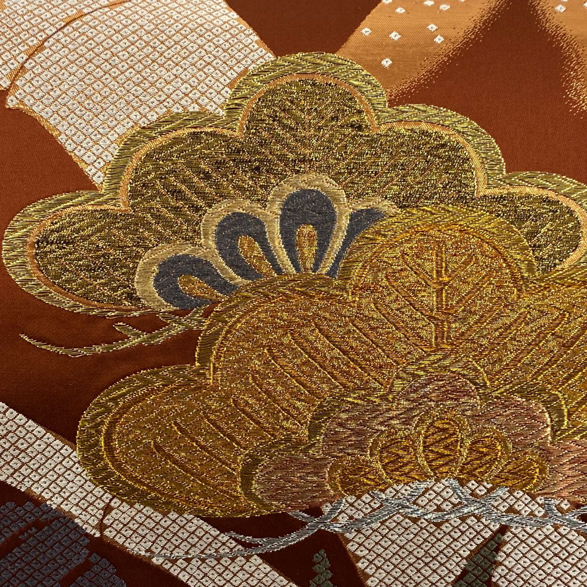【美品】 袋帶 秀品級 笠松樹 竹子 金銀彩 金金箔 紅茶 六通 純蠶絲