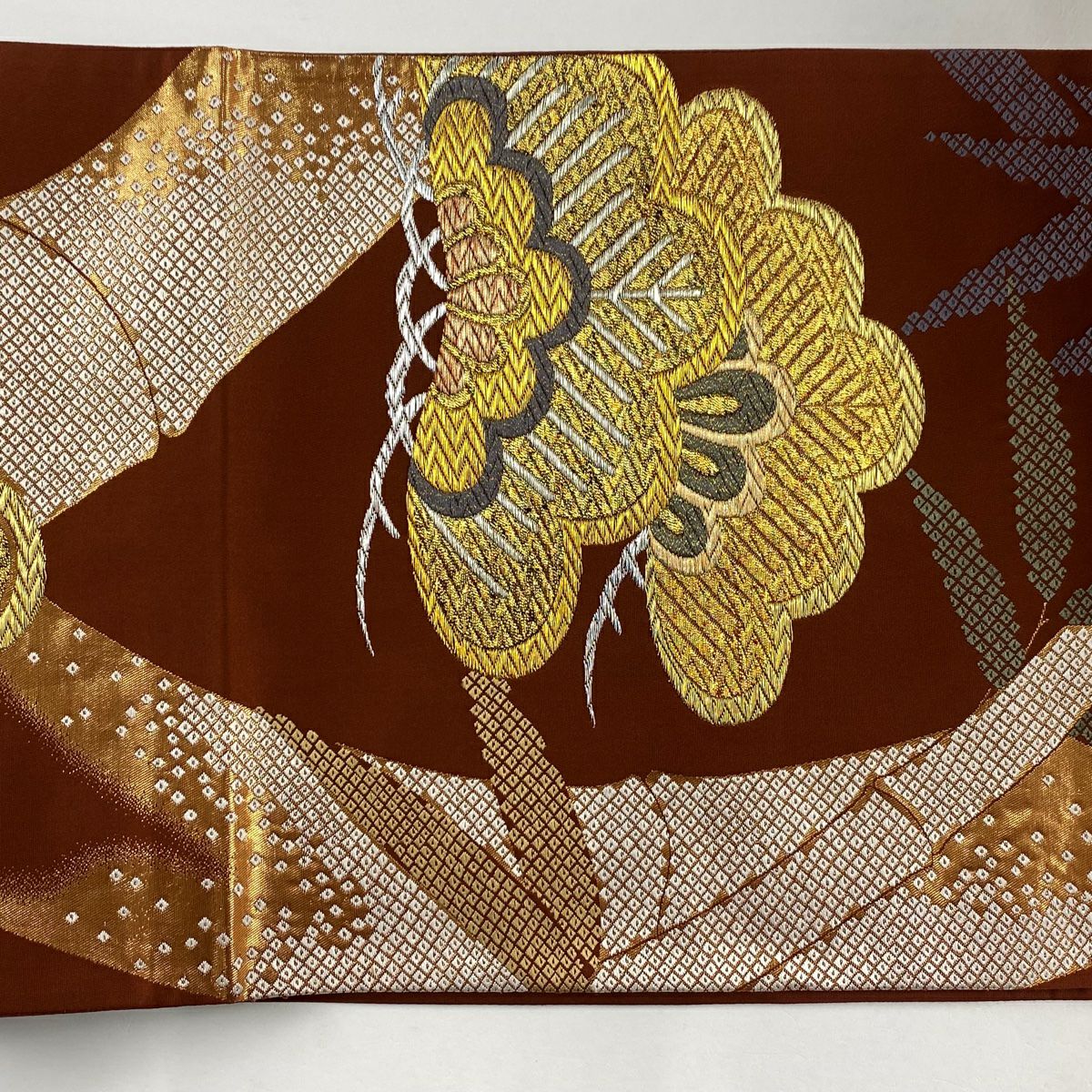 【美品】 袋帶 秀品級 笠松樹 竹子 金銀彩 金金箔 紅茶 六通 純蠶絲