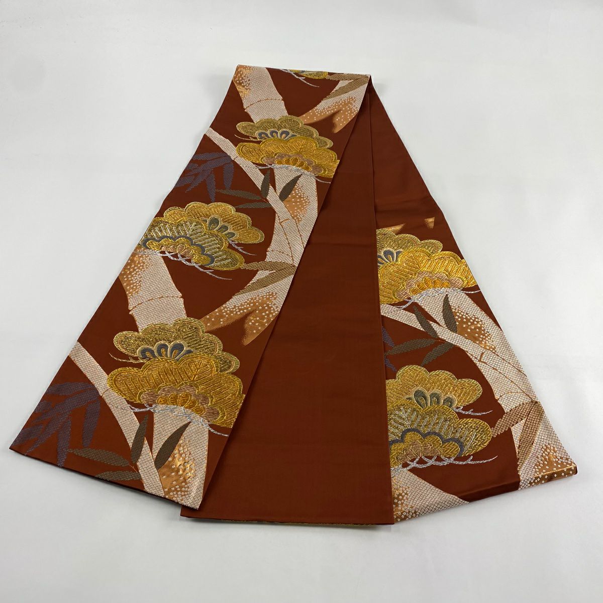 【美品】 袋帶 秀品級 笠松樹 竹子 金銀彩 金金箔 紅茶 六通 純蠶絲