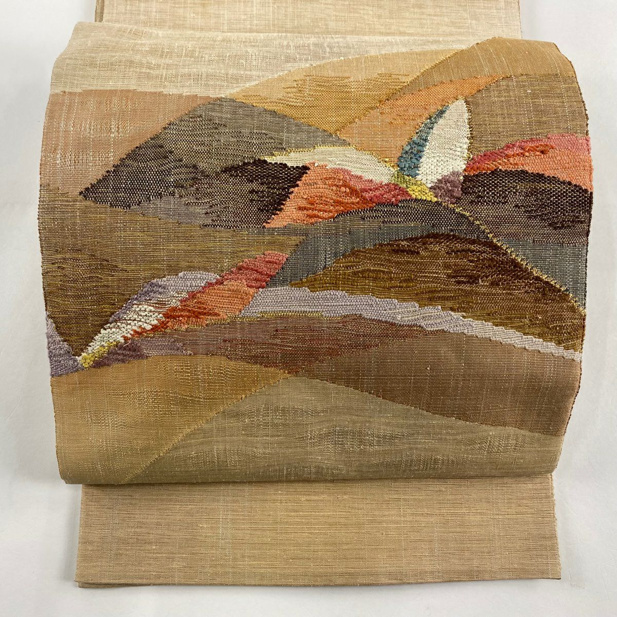 袋帶 秀品級 幾何學 金絲 米色 大鼓圖案 純蠶絲
