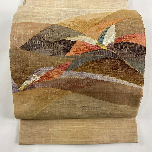 袋帶 秀品級 幾何學 金絲 米色 大鼓圖案 純蠶絲