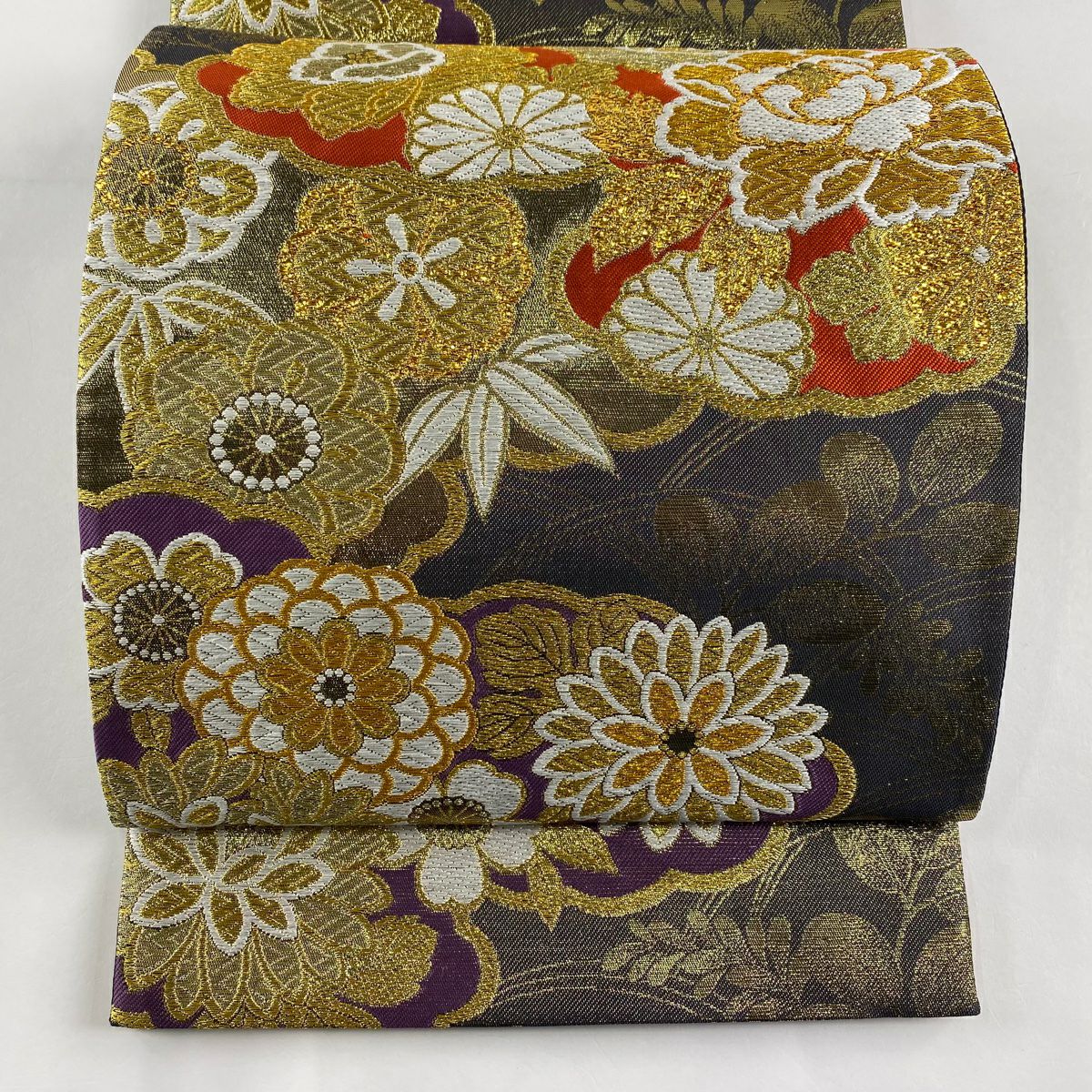 【美品】 袋帶 秀品級 雲文 牡丹 金糸 金金箔 墨 深藍 六通 純蠶絲