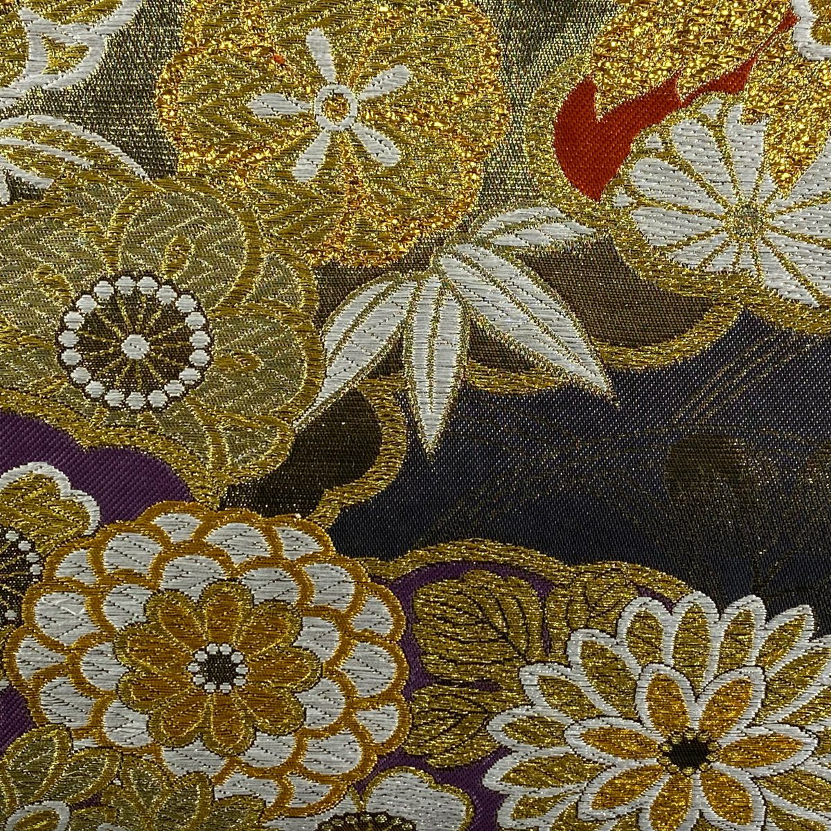 【美品】 袋帶 秀品級 雲文 牡丹 金糸 金金箔 墨 深藍 六通 純蠶絲