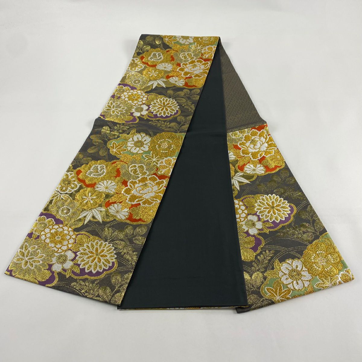 【美品】 袋帶 秀品級 雲文 牡丹 金糸 金金箔 墨 深藍 六通 純蠶絲