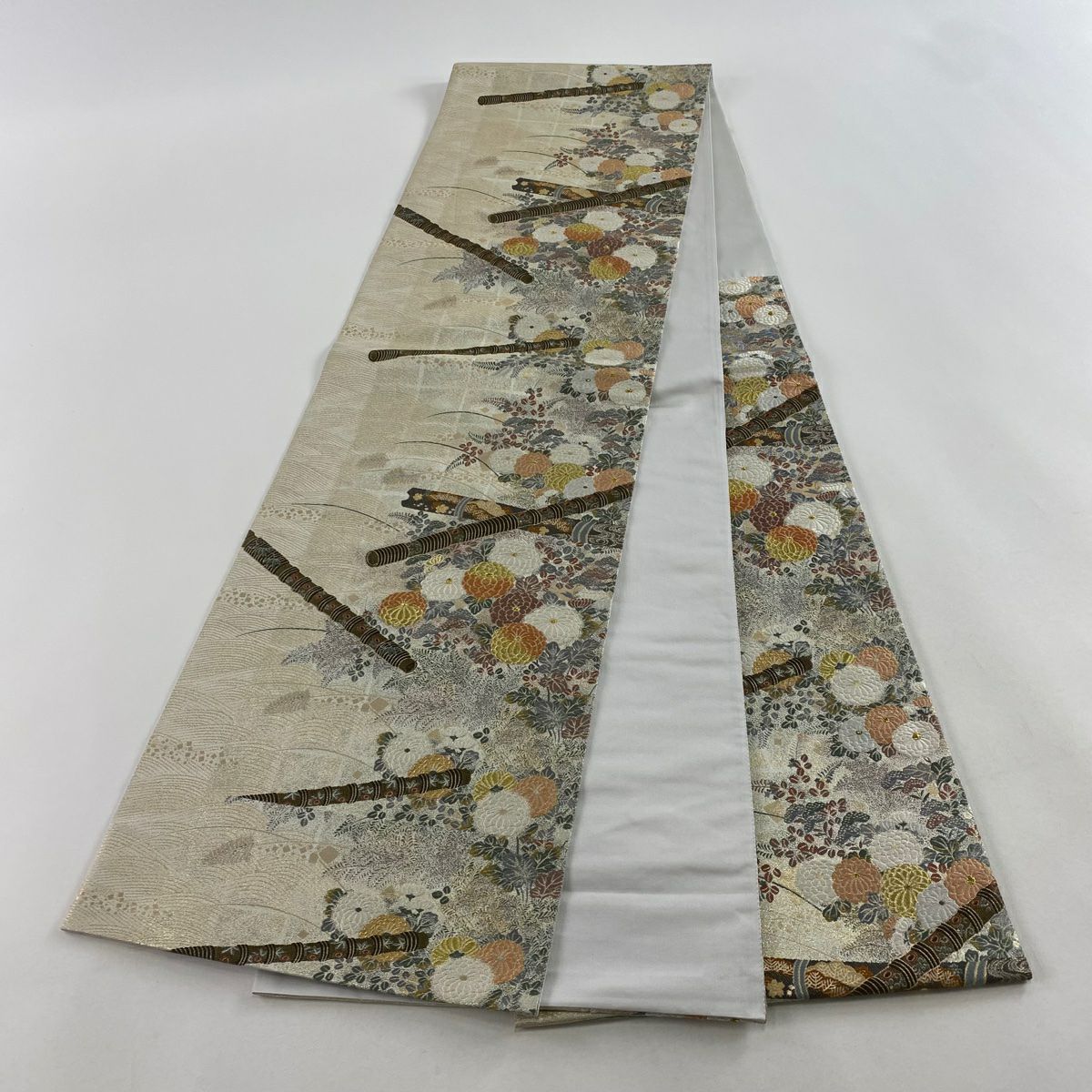 【美品】 袋帶 秀品級 秋草 笛 金絲 金金箔 金色 六通 純蠶絲