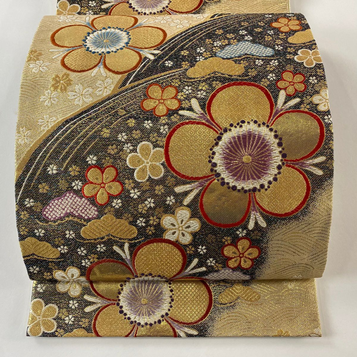 袋帶 秀品級 梅花 樫松樹 金絲 金金箔 金 六通 純蠶絲