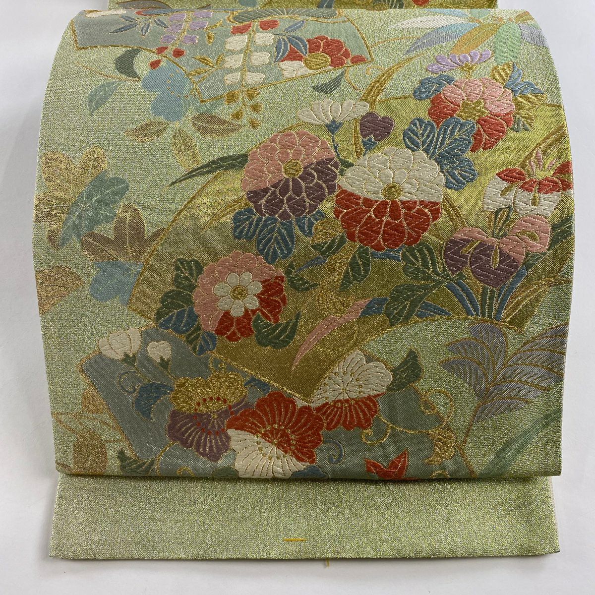 袋帶 秀品級 證書附帶 桃山香彩金金箔 扇子面 草花紋紋 金金箔 金絲 淺綠 六通 純蠶絲