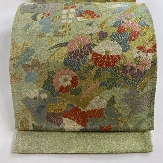 袋帶 秀品級 證書附帶 桃山香彩金金箔 扇子面 草花紋紋 金金箔 金絲 淺綠 六通 純蠶絲