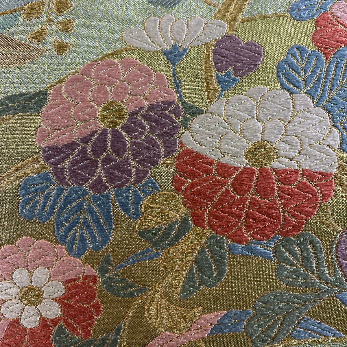 袋帶 秀品級 證書附帶 桃山香彩金金箔 扇子面 草花紋紋 金金箔 金絲 淺綠 六通 純蠶絲