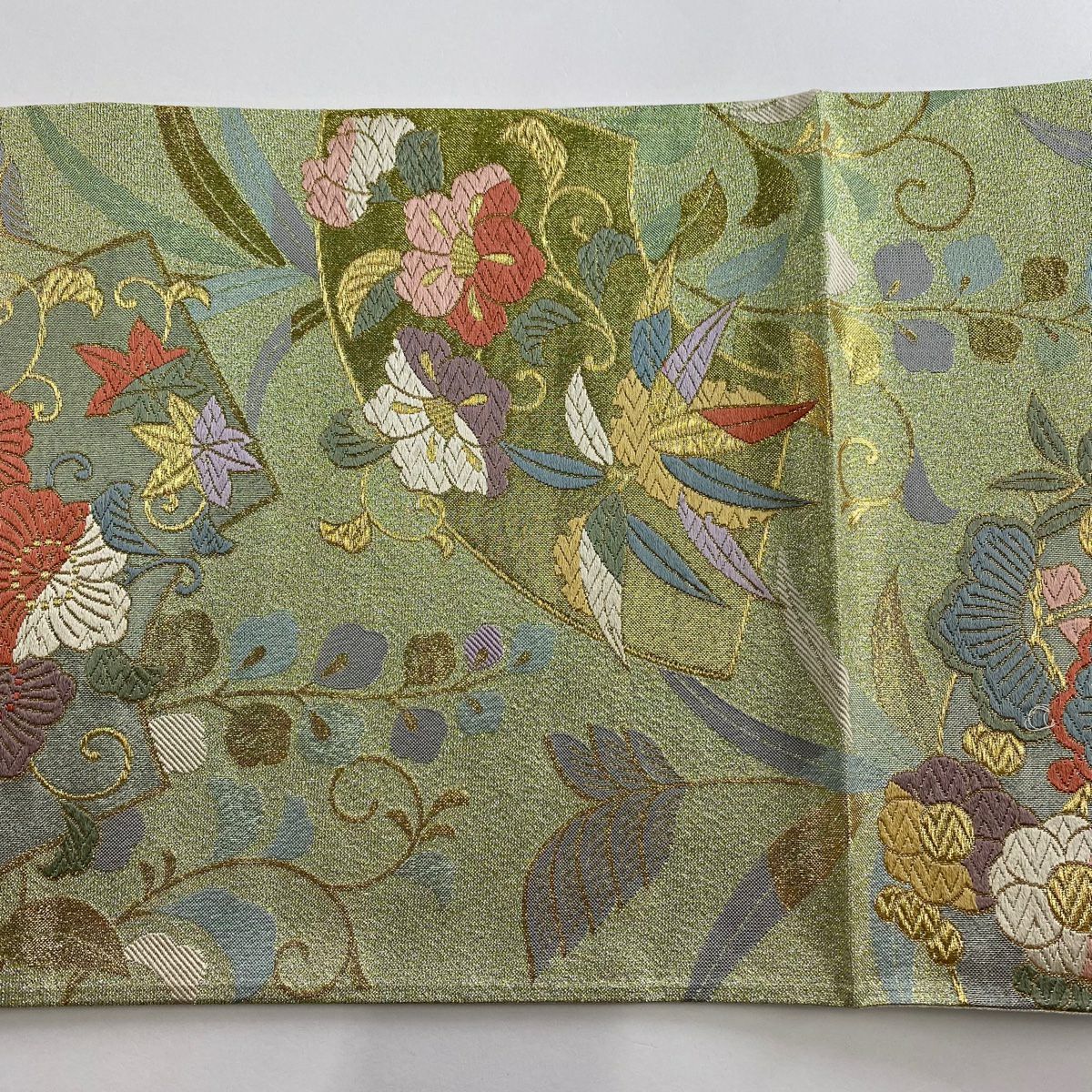 袋帶 秀品級 證書附帶 桃山香彩金金箔 扇子面 草花紋紋 金金箔 金絲 淺綠 六通 純蠶絲