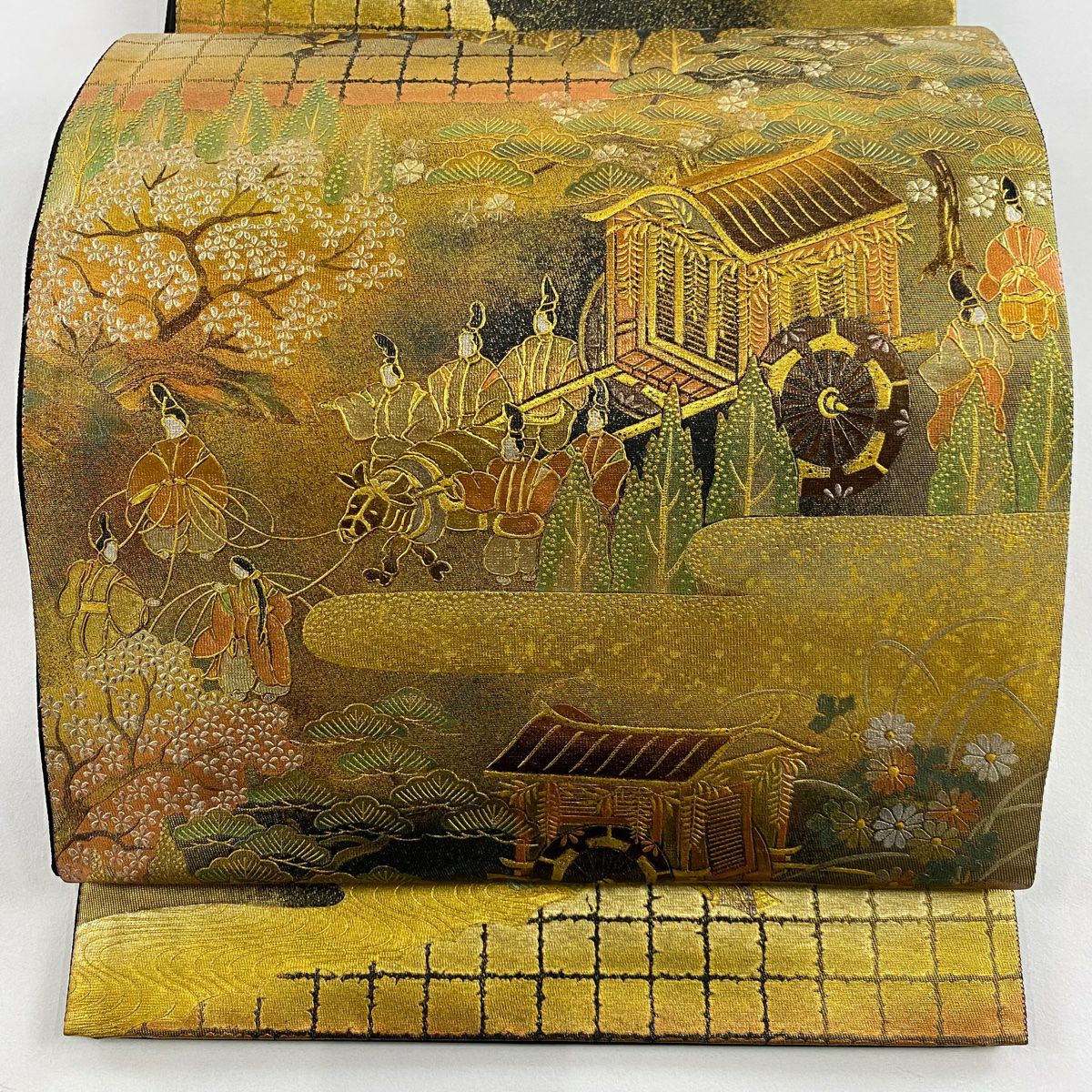 【美品】 袋帶 秀品級 御所車 人物 金銀彩 黑 お太鼓圖案 純蠶絲