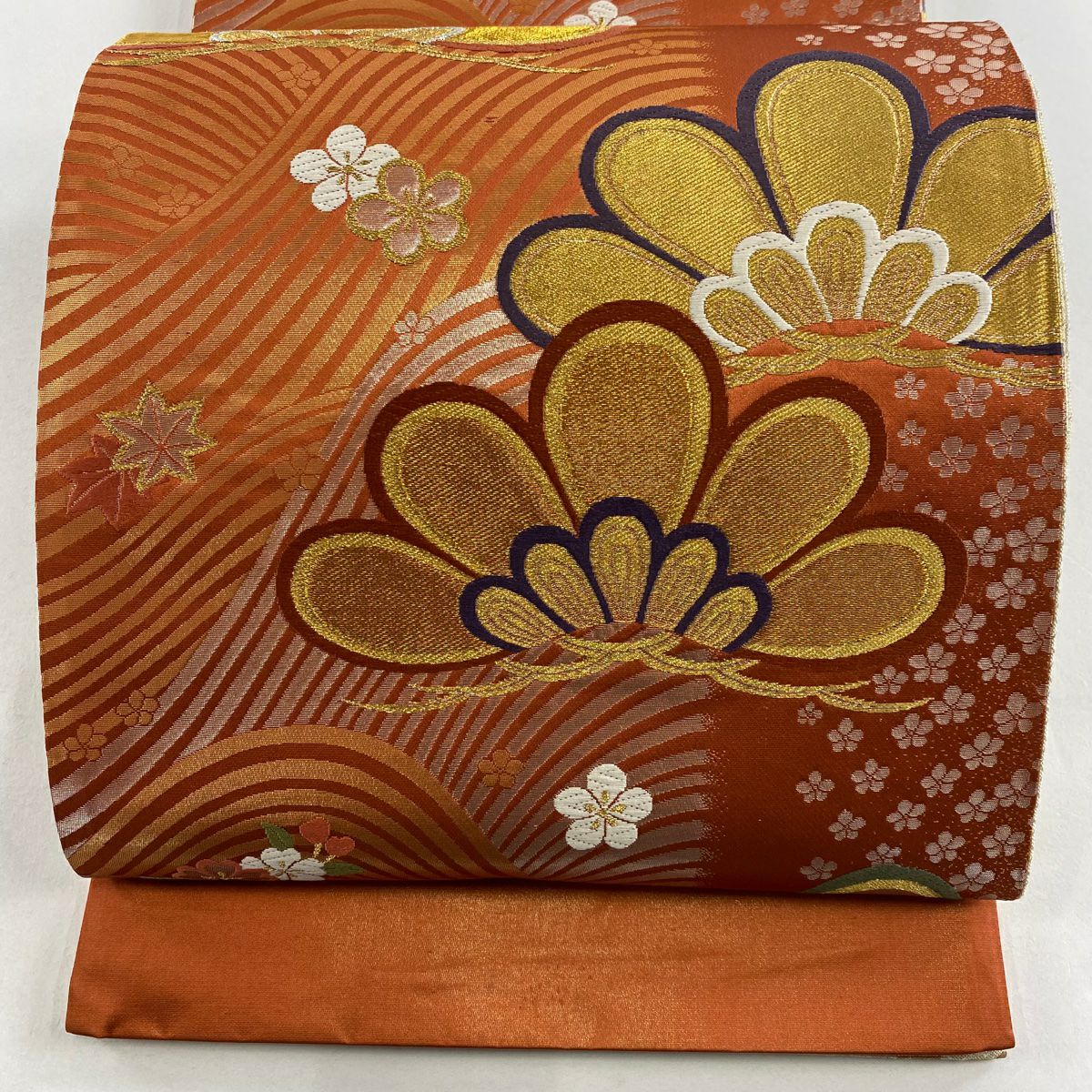 【美品】 袋帶 秀品級 證書齊全 關西裁縫 笠松樹 梅花 金絲 金金箔 朱 紅 六通 純蠶絲