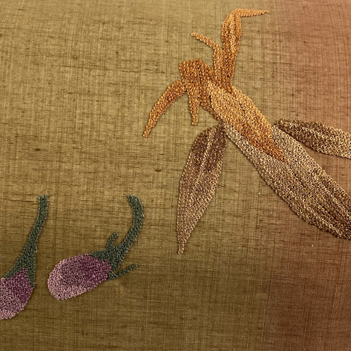【美品】名古屋帶 秀品級 紬織織 玉米 茄子 刺繡 茶綠 純蠶絲