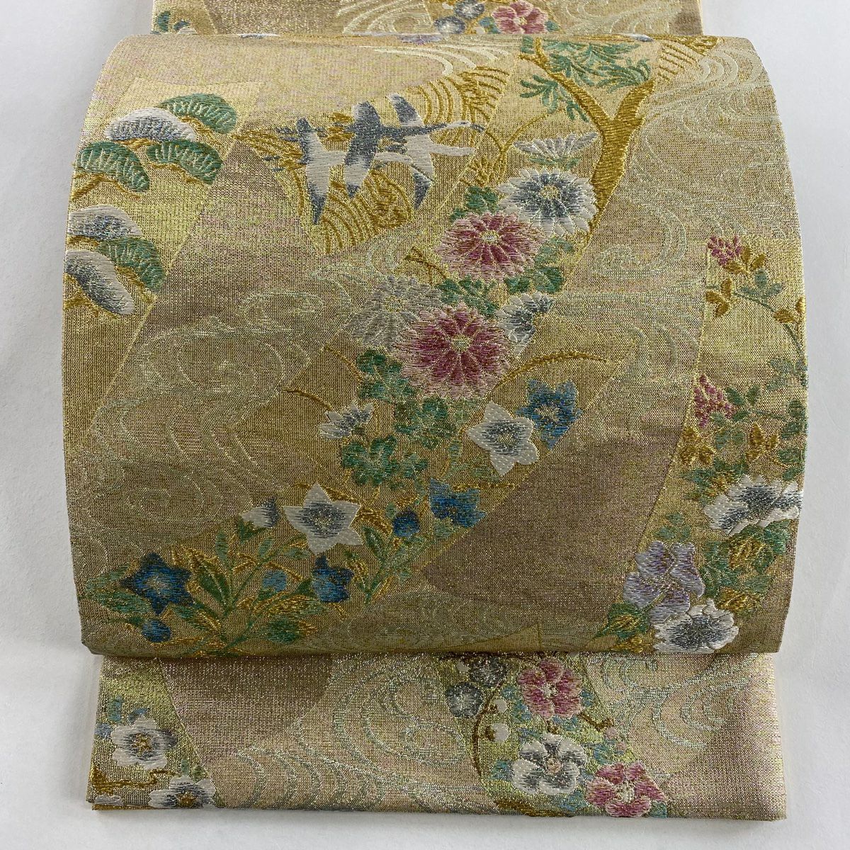 【美品】 袋帶 秀品級 花鳥 流水 金金箔 金銀彩 金色 六通 純蠶絲