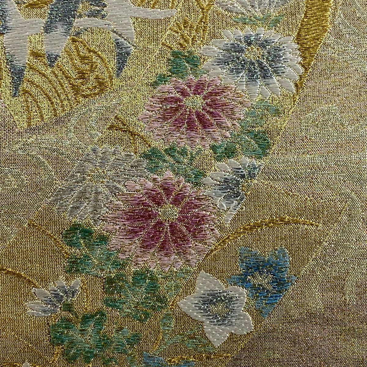 【美品】 袋帶 秀品級 花鳥 流水 金金箔 金銀彩 金色 六通 純蠶絲