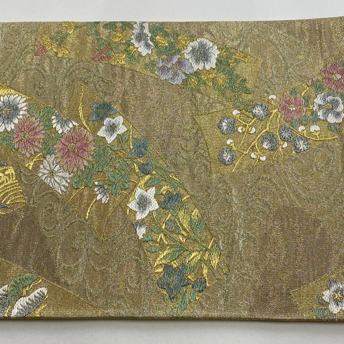【美品】 袋帶 秀品級 花鳥 流水 金金箔 金銀彩 金色 六通 純蠶絲